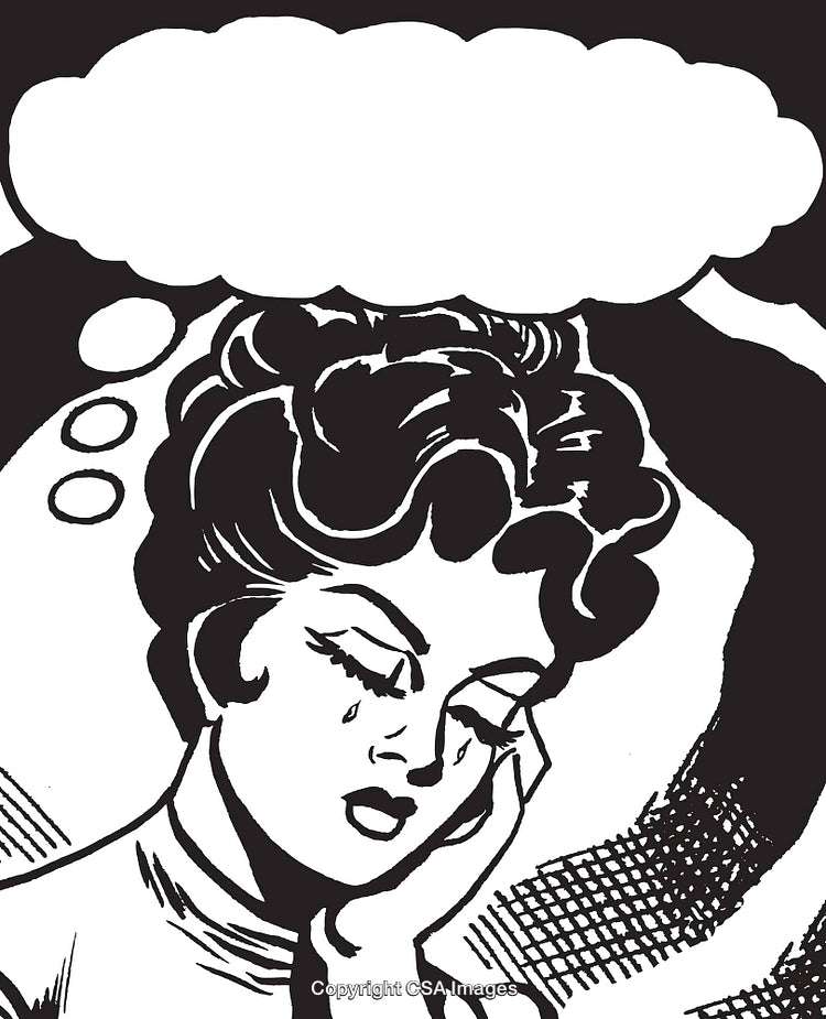 Illustration of a Tearful Woman with a Thought Bubble Above