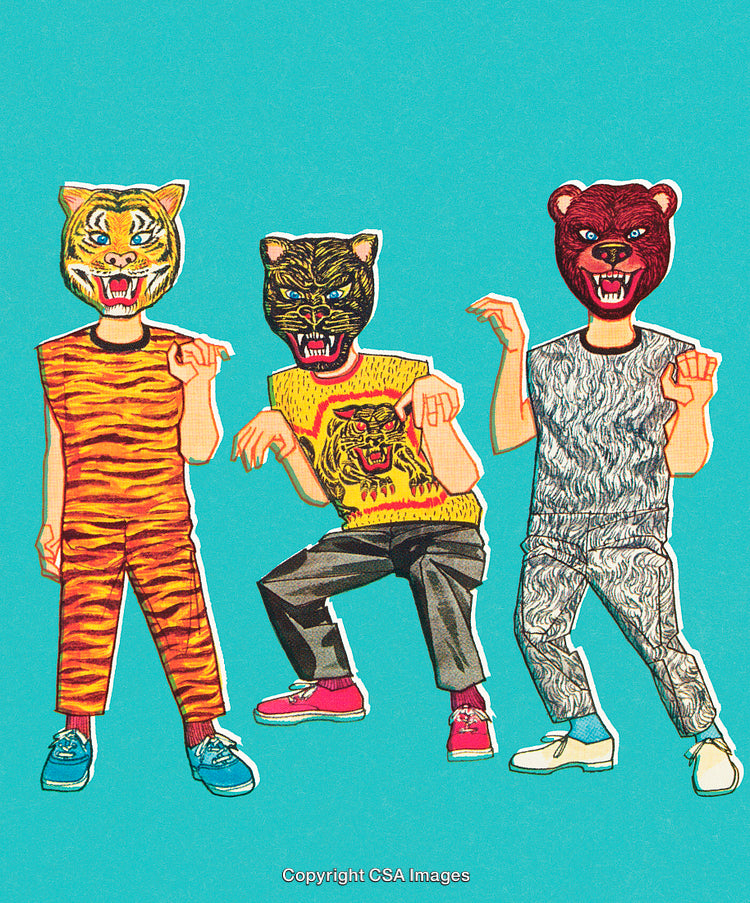 Three Individuals Wearing Animal-Inspired Outfits on a Vibrant Background