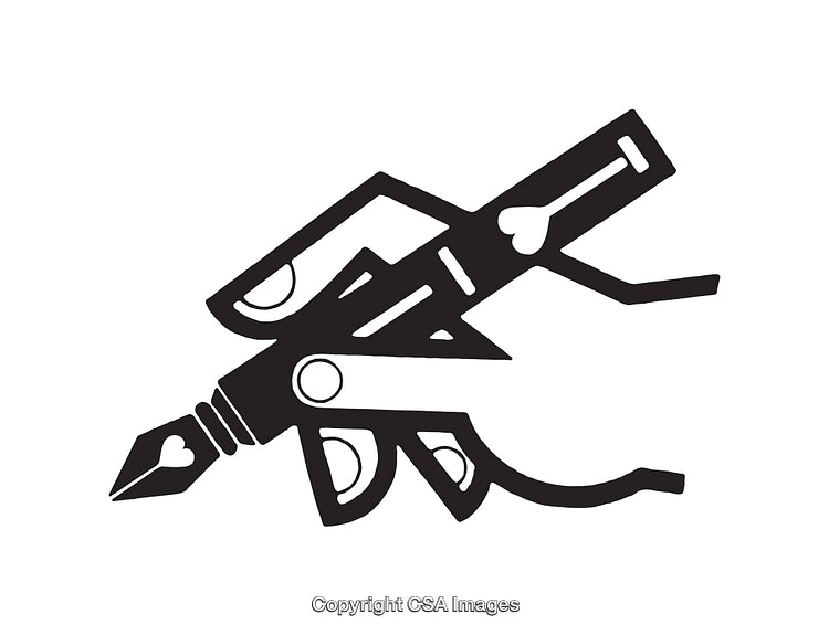 Black and White Line Art Illustration of Stylized Hand Holding a Pen