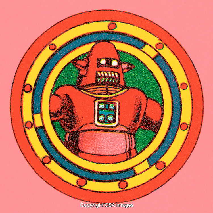 Retro Robot Illustration in a Colorful Circular Frame on Pink Background