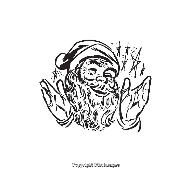Vintage Black and White Santa Claus Illustration with Magical Stars