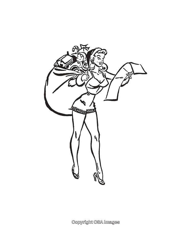 Retro Style Black and White Line Art of a Festive Woman with Map