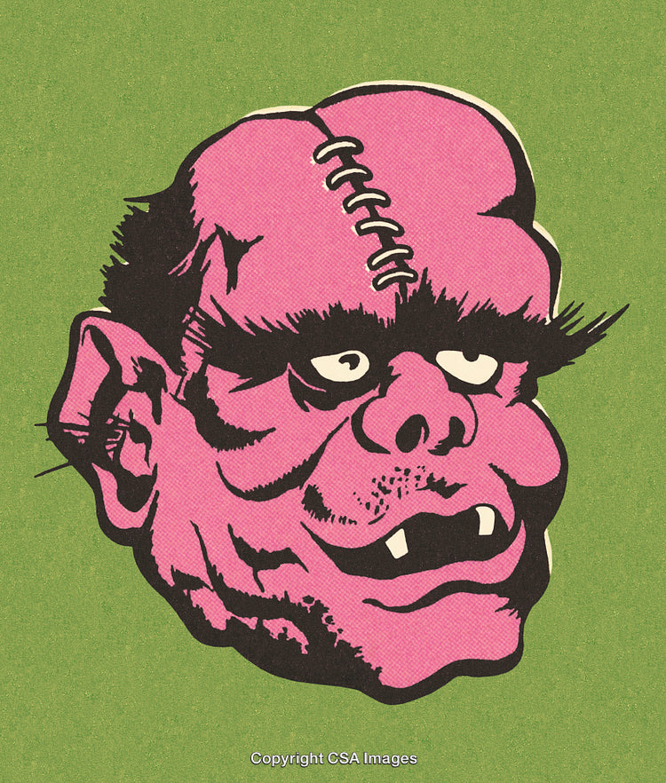 Vintage Illustration of a Pink Monster Head on a Green Background
