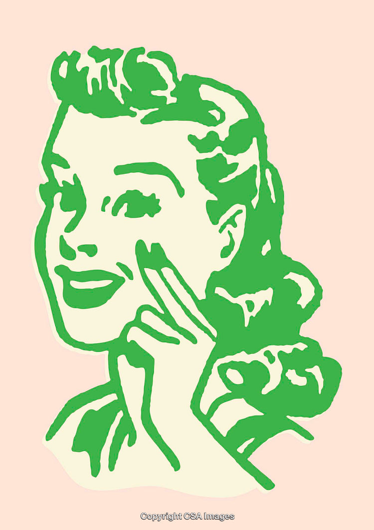 Retro Style Green Illustration of Smiling Woman with Vintage Line Art Design