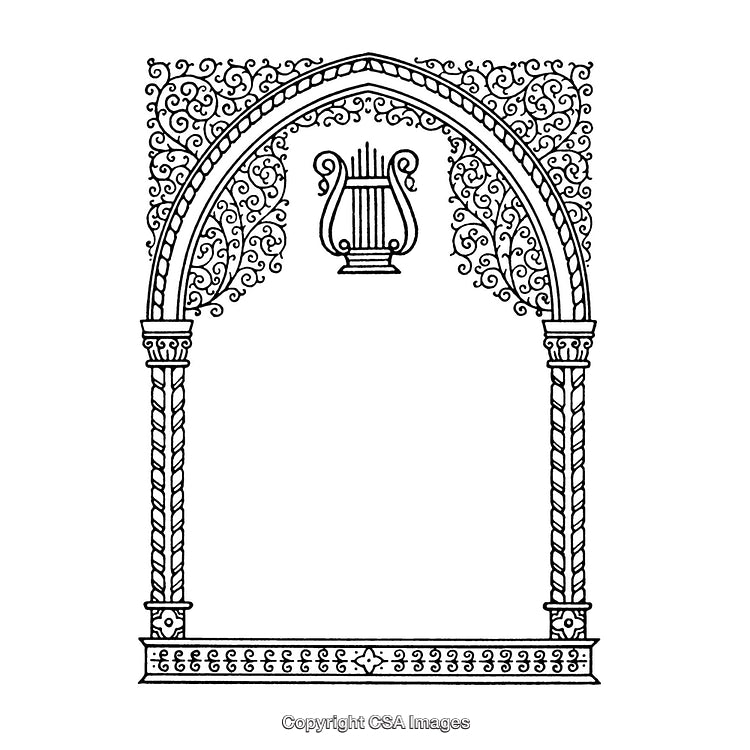 Decorative Black And White Archway Design With Ornate Details And Lyre Motif