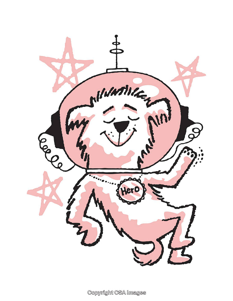 Whimsical Illustration of a Playful Dog in a Space Helmet