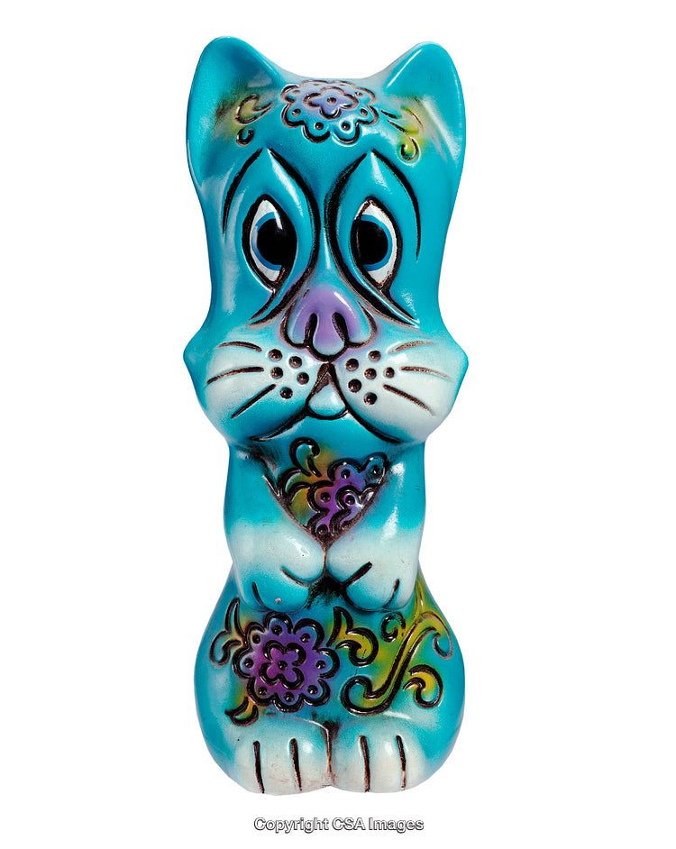 Colorful Blue Cat Figurine with Decorative Floral Patterns