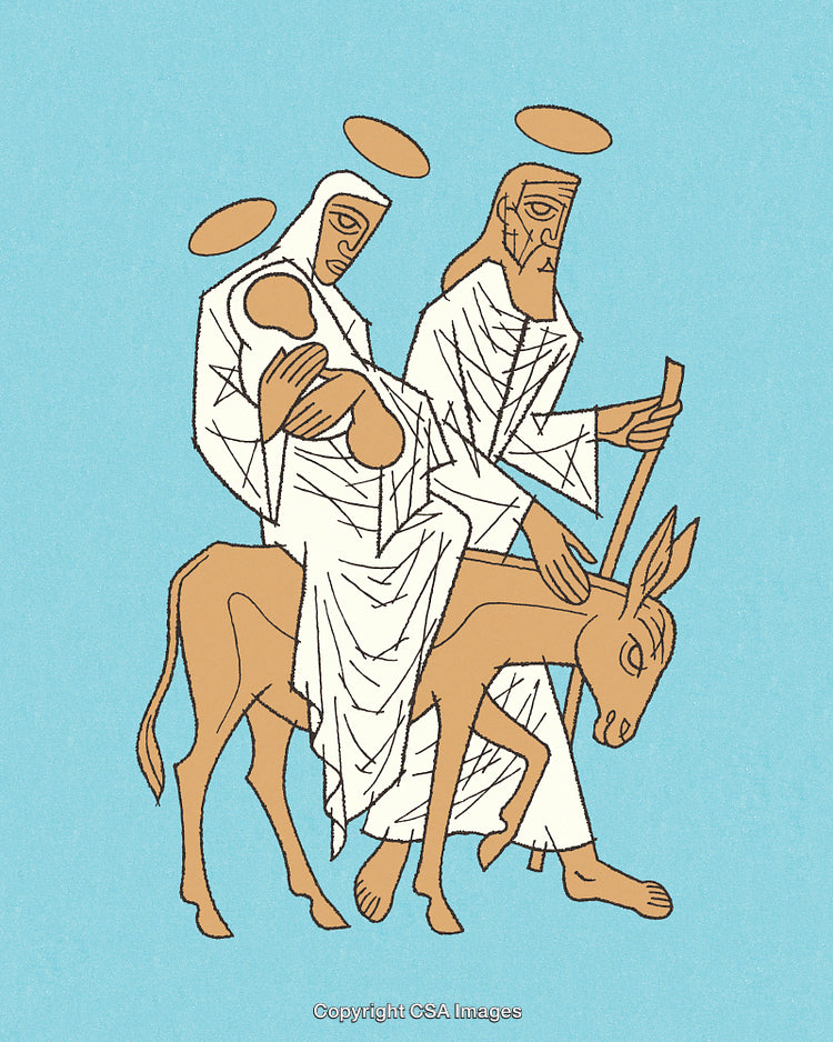 Stylized Illustration Depicting Biblical Flight with Family on a Donkey