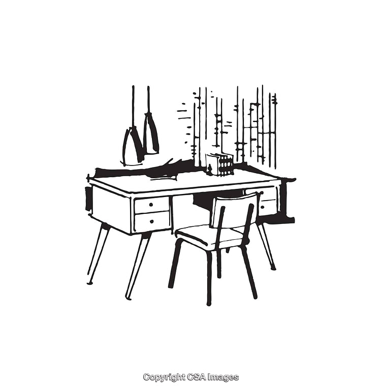 Black And White Line Art Illustration of a Desk and Chair Workspace