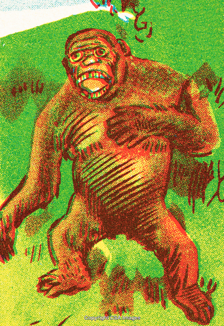 Vintage Illustration of a Mythical Gorilla in a Vibrant Natural Scene