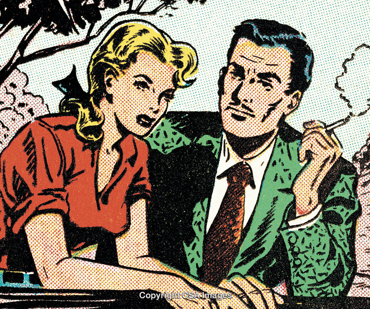 Vintage Comic Book Illustration of a Couple Conversing Outdoors