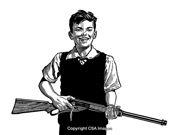 Vintage Black and White Engraving of a Boy Holding a Rifle