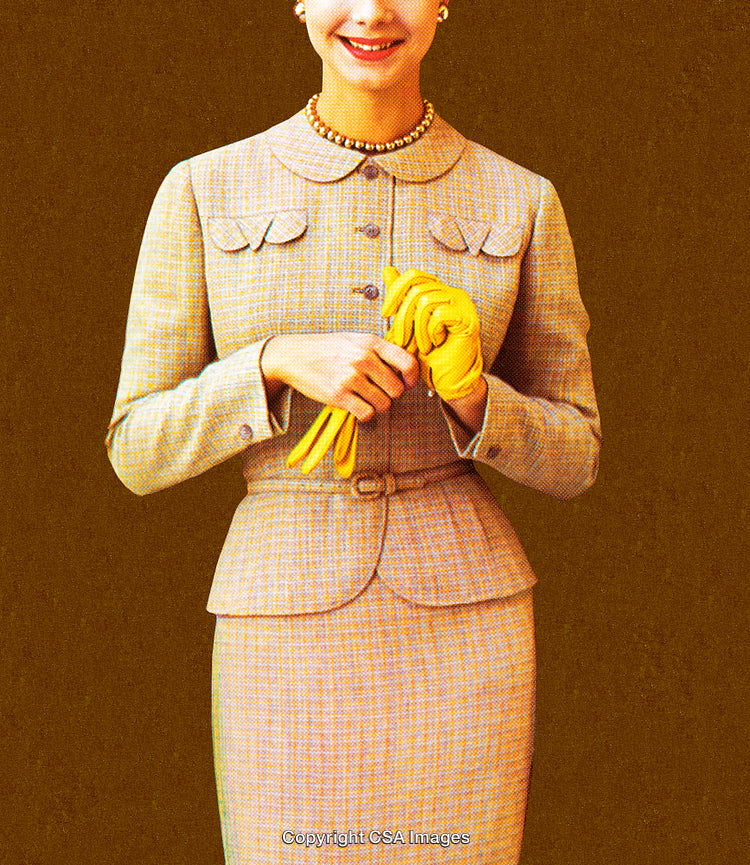 Elegant Woman Wearing Plaid Suit and Holding Yellow Leather Gloves