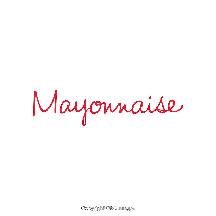 Red Word Art Depicting 'Mayonnaise' in Script Font on White Background