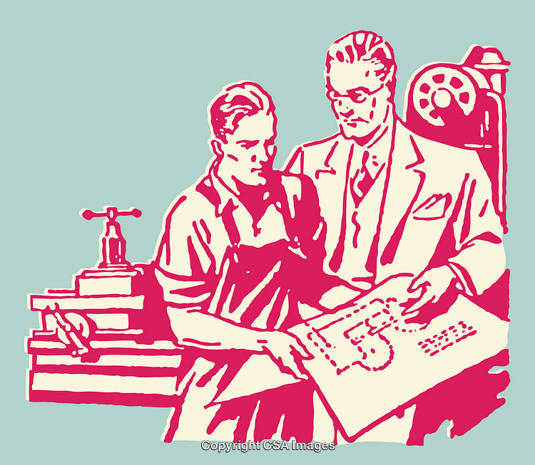 Vintage Industrial Scene with Professionals and Blueprint in Retro Style