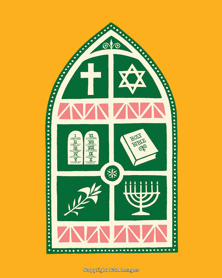 Colorful Religious Symbols Graphic Featuring Faith and Unity