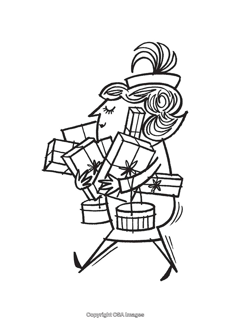 Retro Black and White Art of Woman Carrying Holiday Gifts