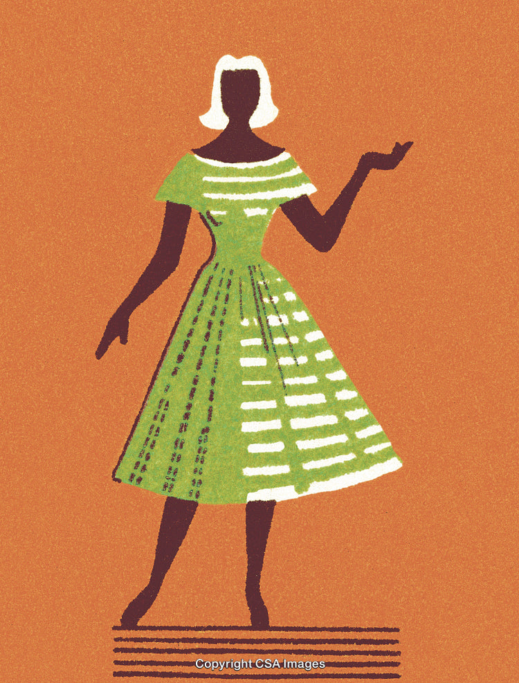 Vintage Illustration of a Woman in a Green Dress on an Orange Background