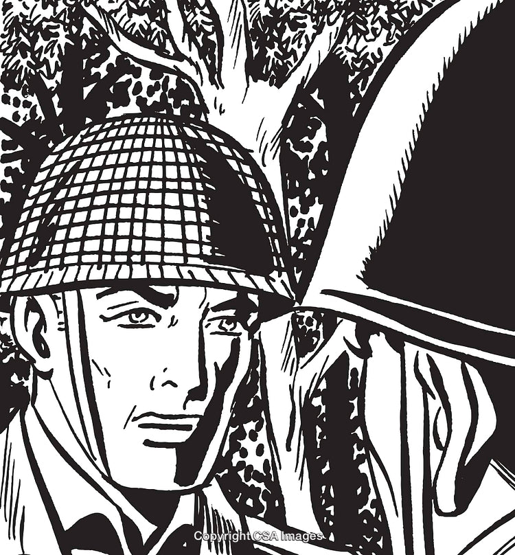 Black and White Illustration of Soldiers in Battle Helmets with Forest Background