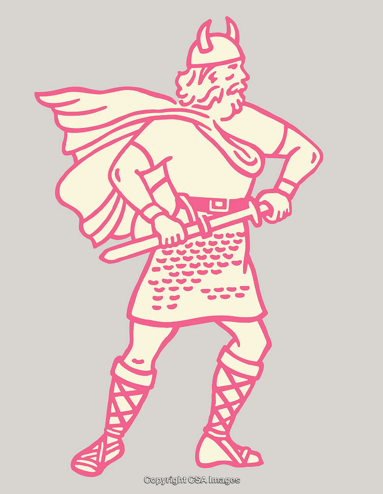 Bold Line Art Illustration of a Viking Warrior in Pink and Beige