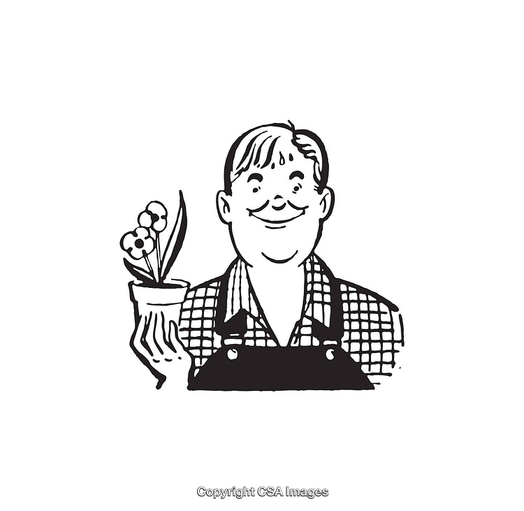 Black and White Illustration of Gardener Holding Potted Plant Smiling