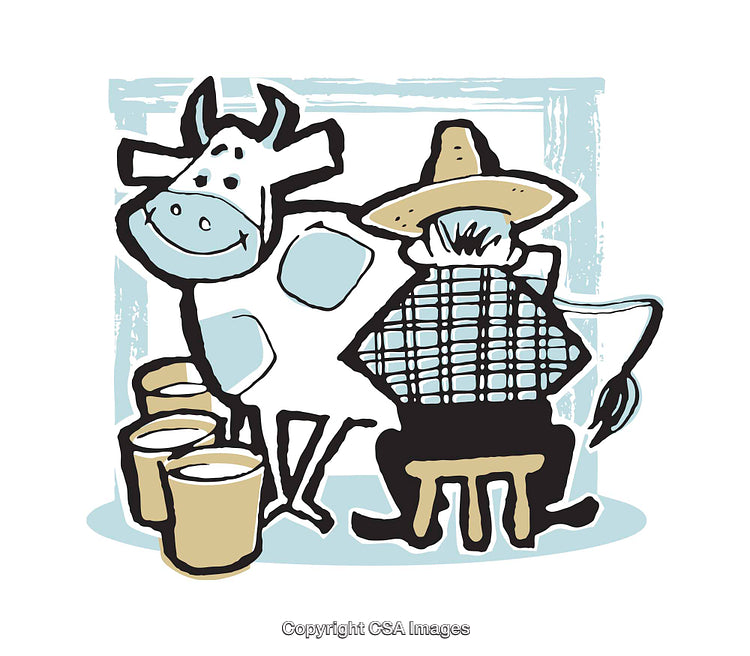 Cartoon Farmer Milking a Happy Cow with Buckets of Milk