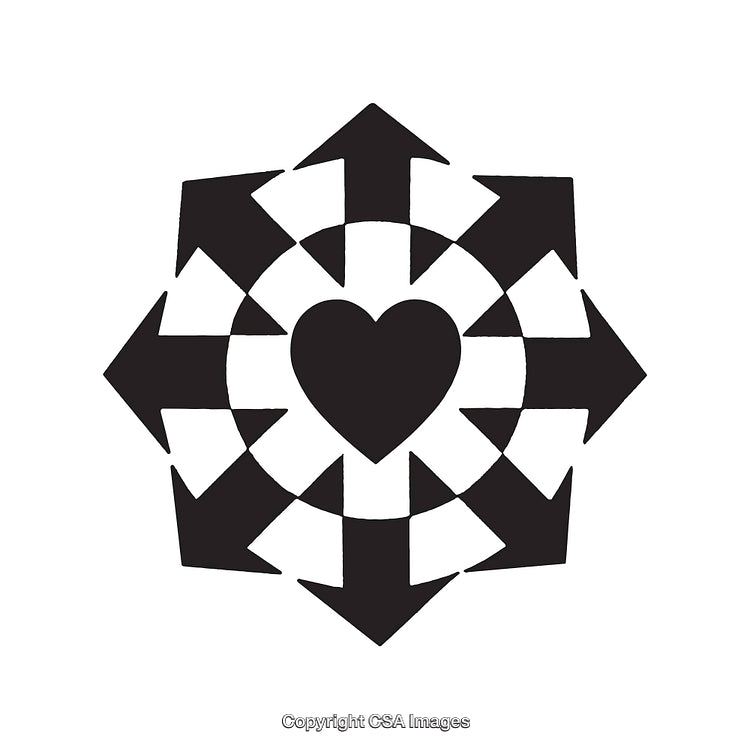 Black and White Heart Icon with Radiating Arrows Design
