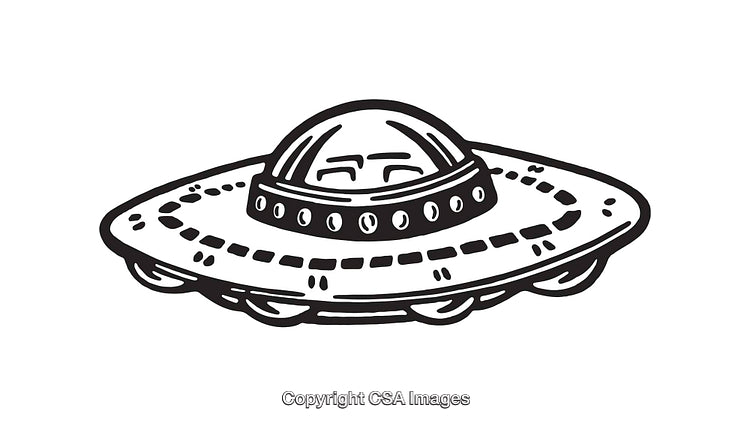 Black and White Line Art Illustration of a Flying Saucer UFO