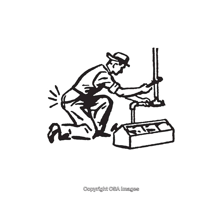 Vintage Line Art Showing Worker Repairing Equipment with Toolbox