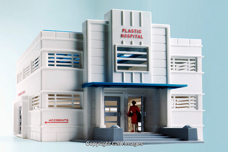 Model Hospital Building with Miniature Figure Illustration