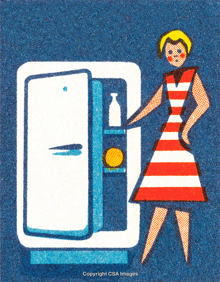 Retro Illustration of a Woman Beside an Open Refrigerator