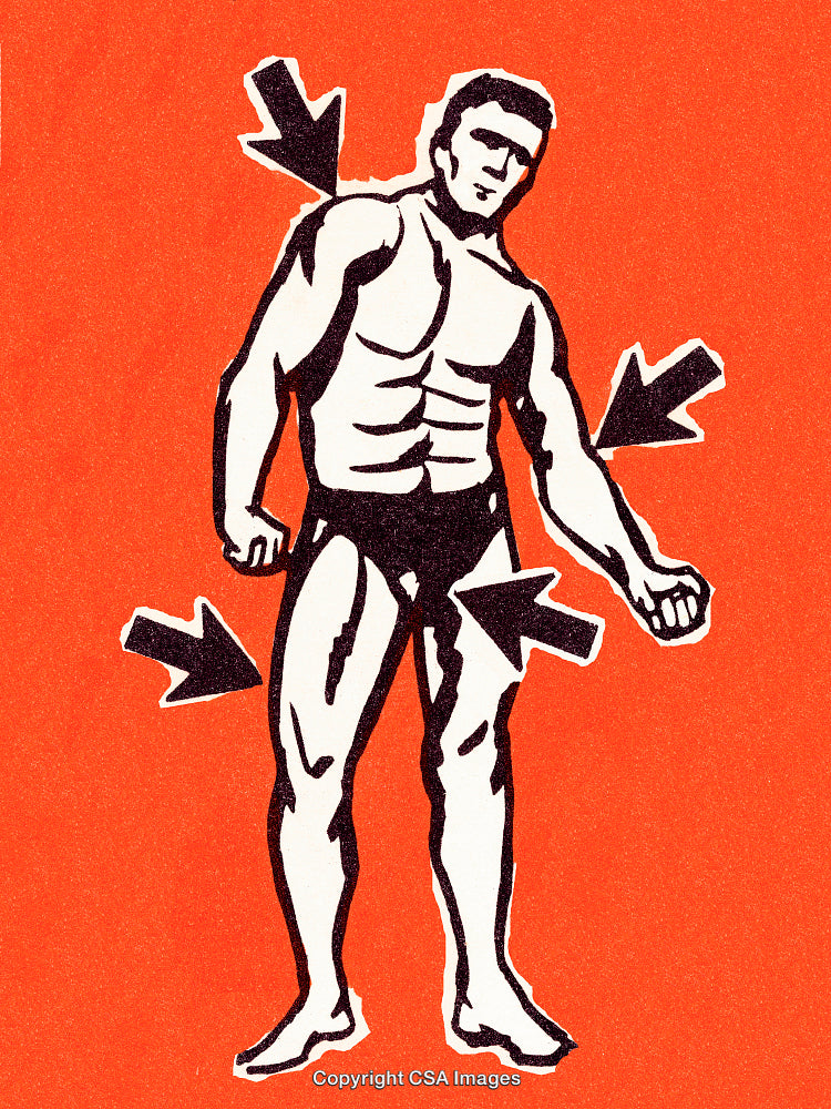 Illustration of Muscular Man with Arrows on Bright Red Background