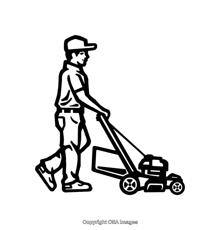 Line Art of Lawn Care Professional Pushing a Mower on a White Background