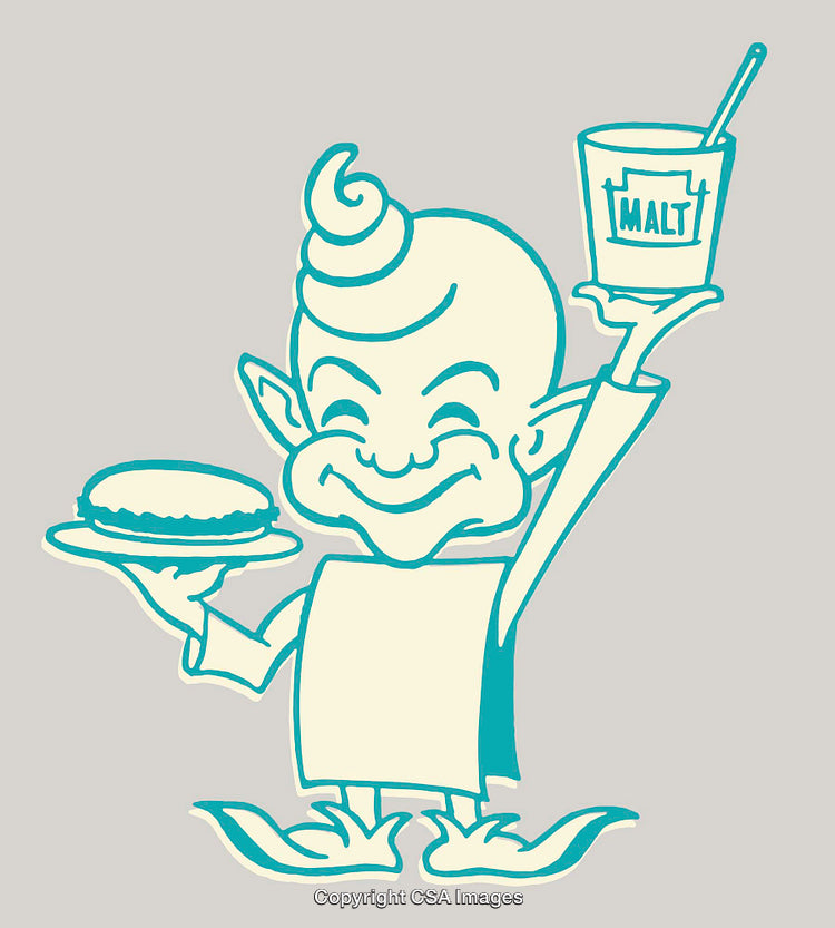 Retro Cartoon Illustration Featuring Character Holding Malt Shake and Burger