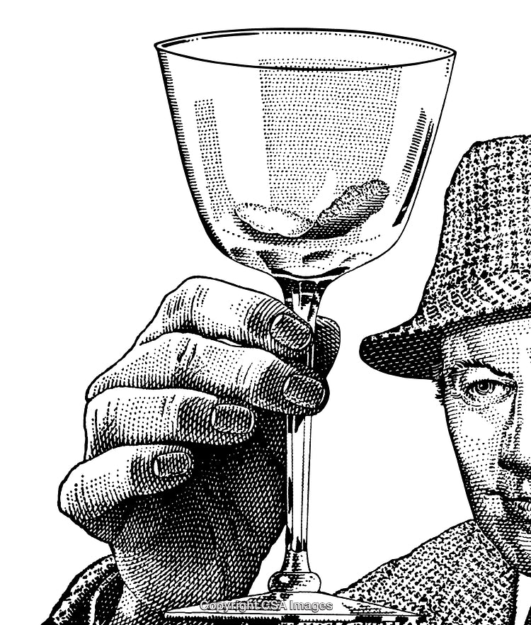 Hand Holding Elegant Engraved Wine Glass in Classic Vintage Style Artwork