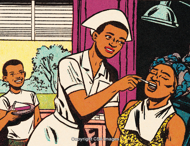 Colorful Comic Illustration of a Nurse Assisting a Patient and Child Present
