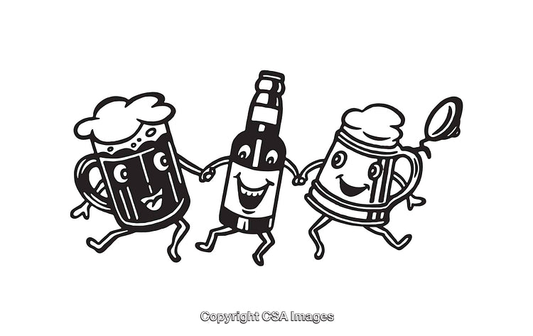 Cartoon Illustration of Beer Bottle and Mugs Celebrating Together