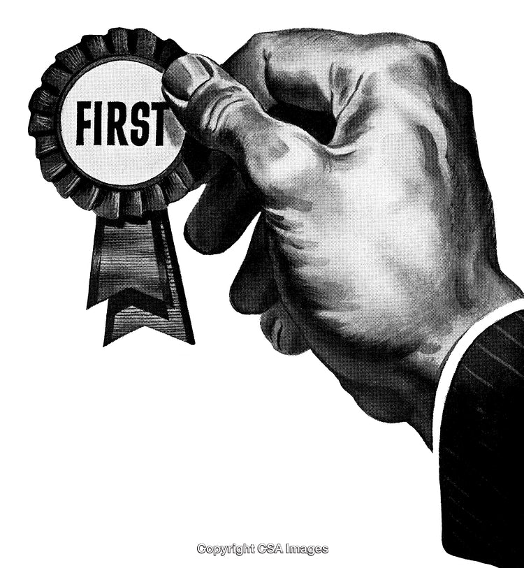 Hand Holding a First Place Medal in Black and White Engraving