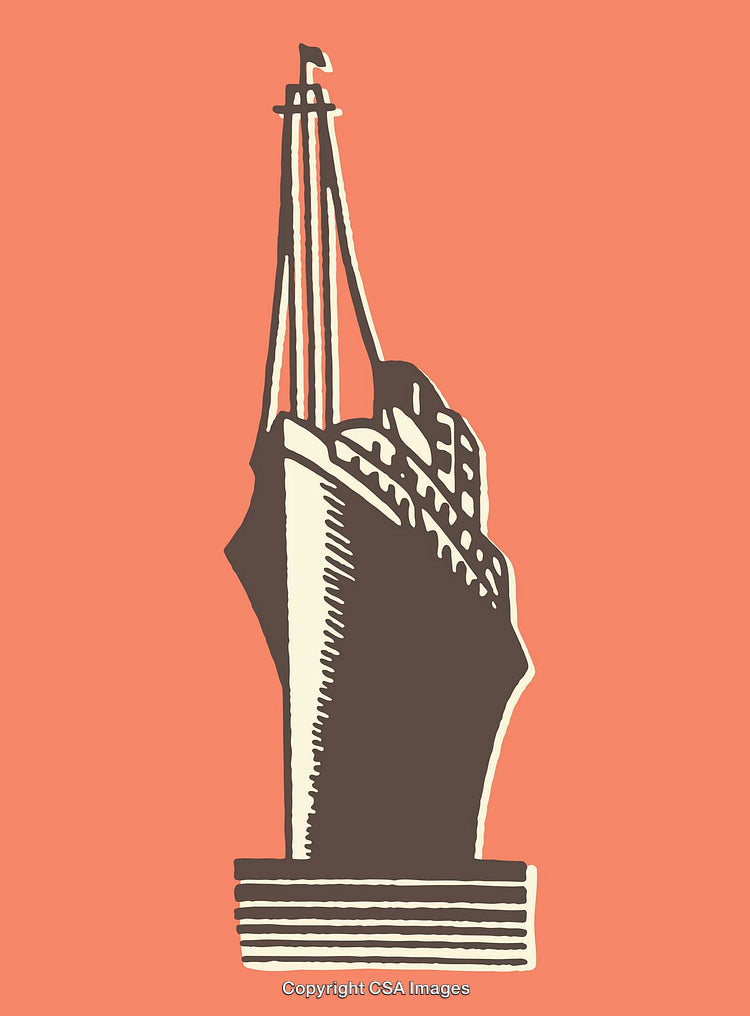 Stylized Line Art Illustration of a Ship on an Orange Background