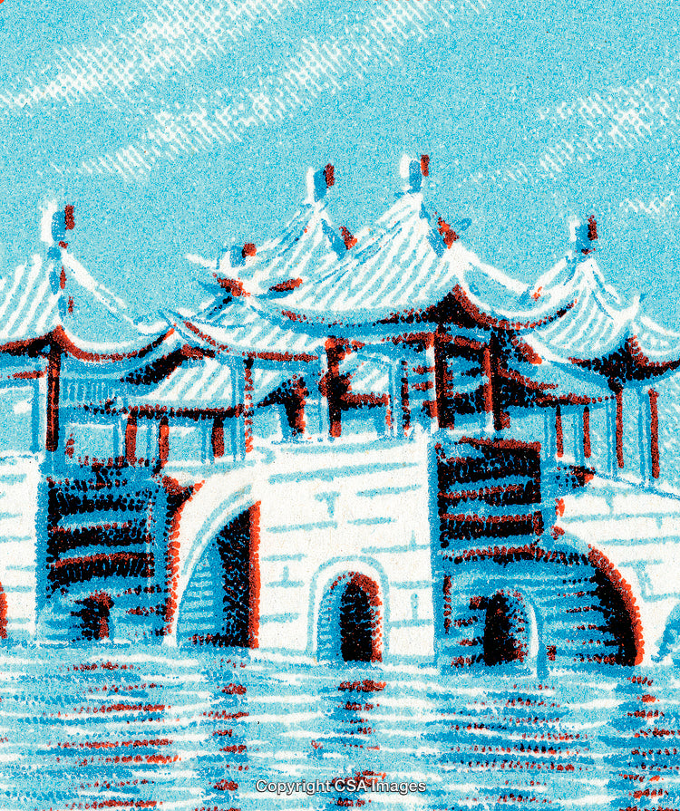 Traditional Chinese Architecture Ink Drawing with Water and Sky