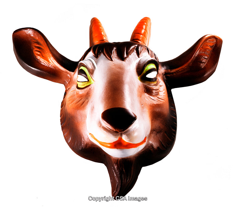 Plastic Goat Mask with Orange Horns on White Background