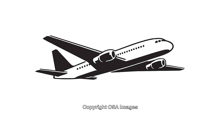 Black and White Line Art Drawing of a Commercial Airplane in Flight