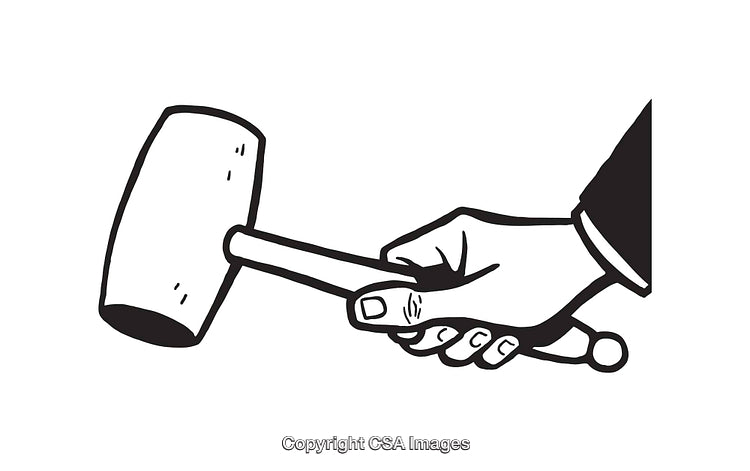 Black and White Line Art Illustration of a Hand Holding a Rubber Mallet
