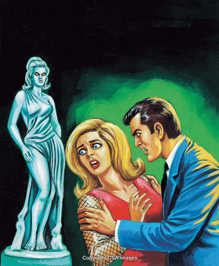 Colorful Retro Illustration of Dramatic Scene with Mysterious Statue