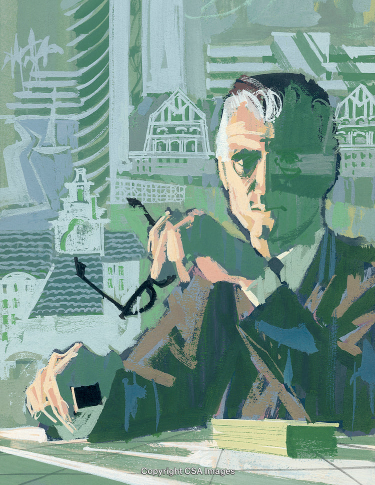 Abstract Visionary Portrait With Architectural Background Elements in Green Tones