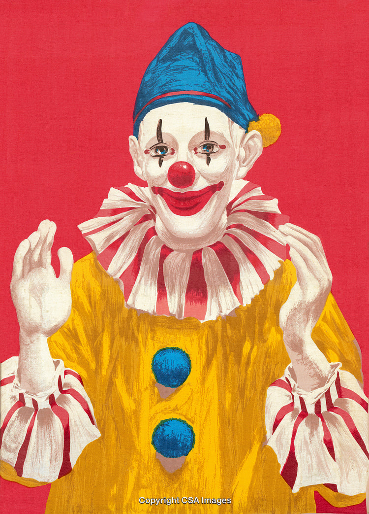 Colorful Clown in Costume with Makeup and Accessories on Red Background
