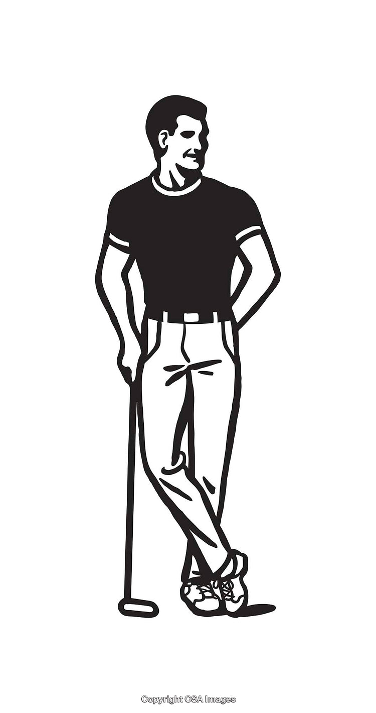 Black and White Line Art of a Stylish Man with a Cane
