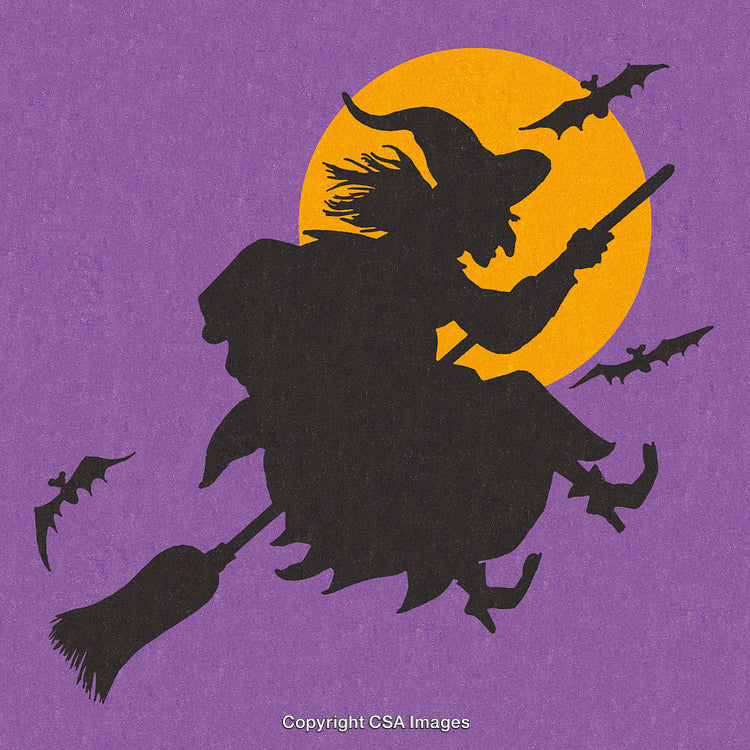 Silhouette of a Witch Flying on Broomstick with Full Moon and Bats