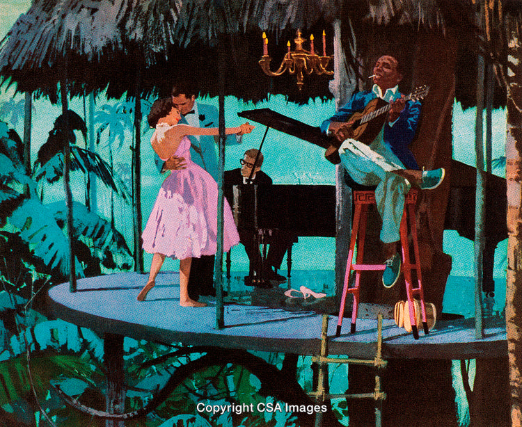 Couple Dancing Serenely Amidst Tropical Treehouse With Musical Performance