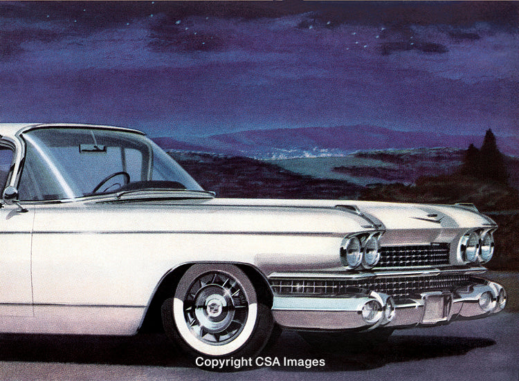 White Classic Vintage Car at Night Overlooking a Scenic Landscape